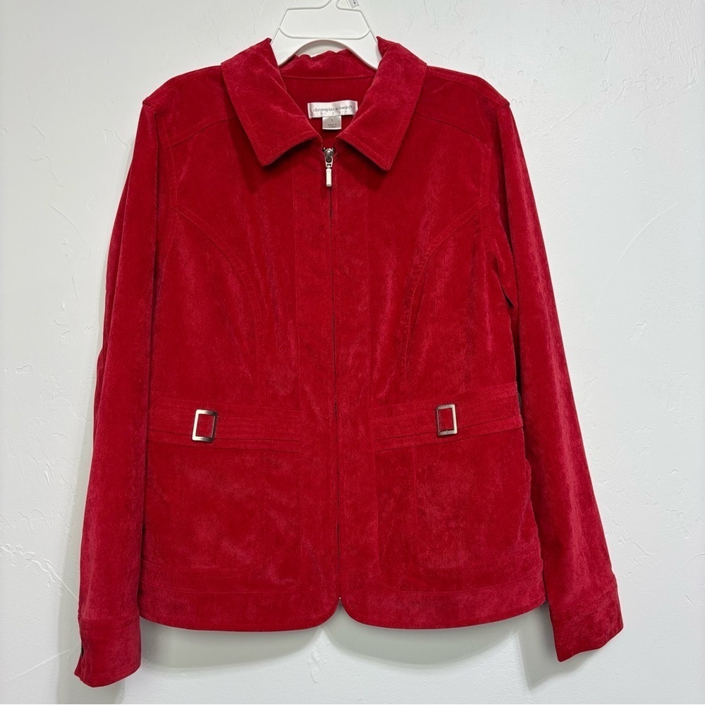 Christopher & Banks Women Blazer Small Red Textured Full Zip Pockets Holiday